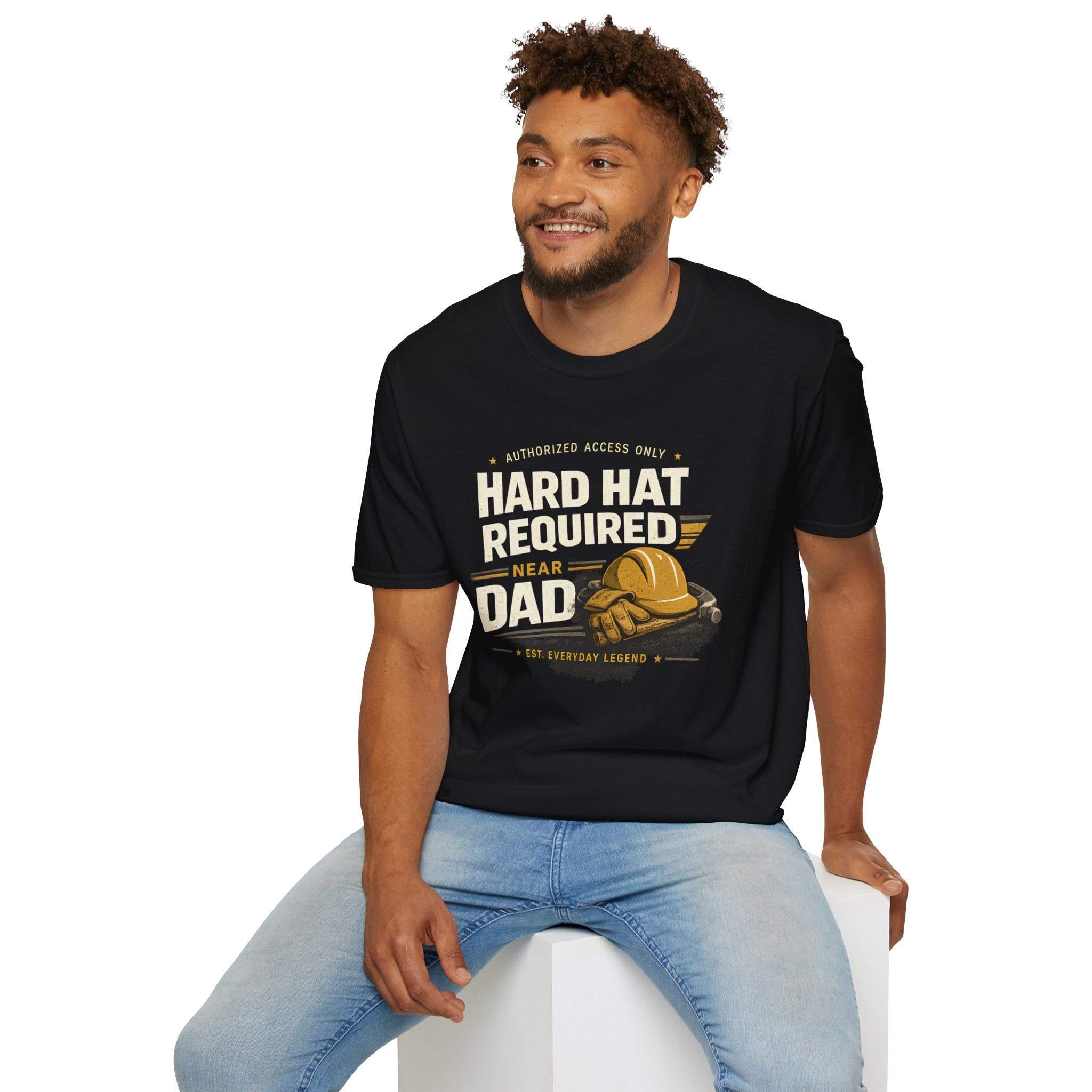 Hard Hat Required Near Dad Shirt – Funny Construction Dad Tee, Blue Collar Workwear Graphic T-Shirt