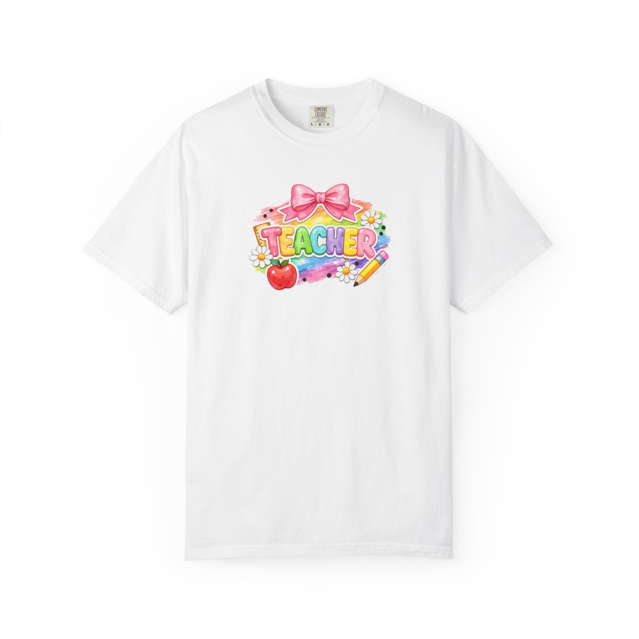 Teacher Rainbow Graphic T-Shirt — Cute School Apple & Pencil Design