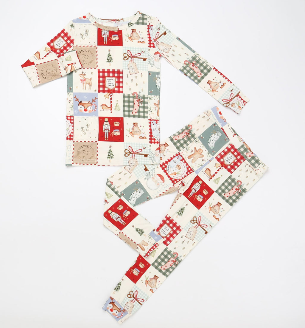 Weihnachts-Patchwork-Bambus-Weihnachtspyjama – 2-teiliges Set
