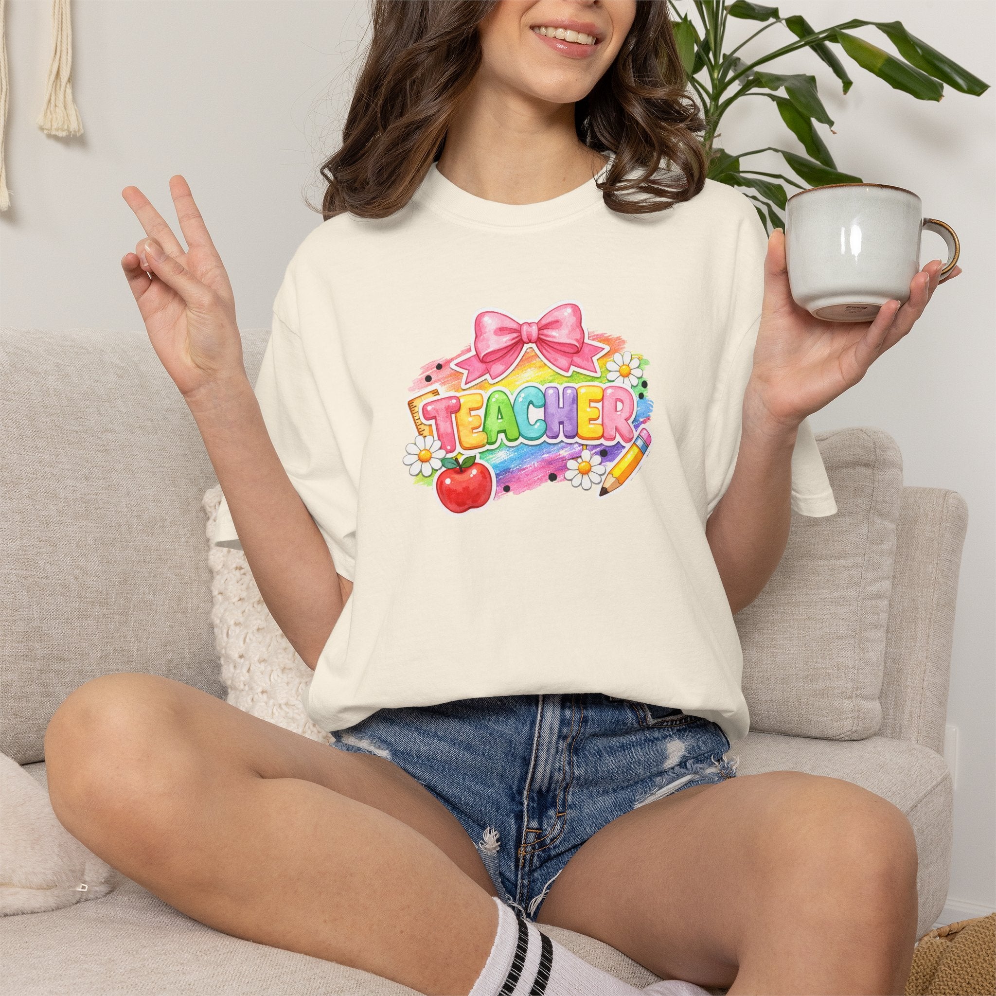 Teacher Rainbow Graphic T-Shirt — Cute School Apple & Pencil Design