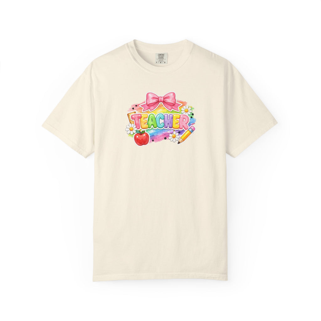 Teacher Rainbow Graphic T-Shirt — Cute School Apple & Pencil Design