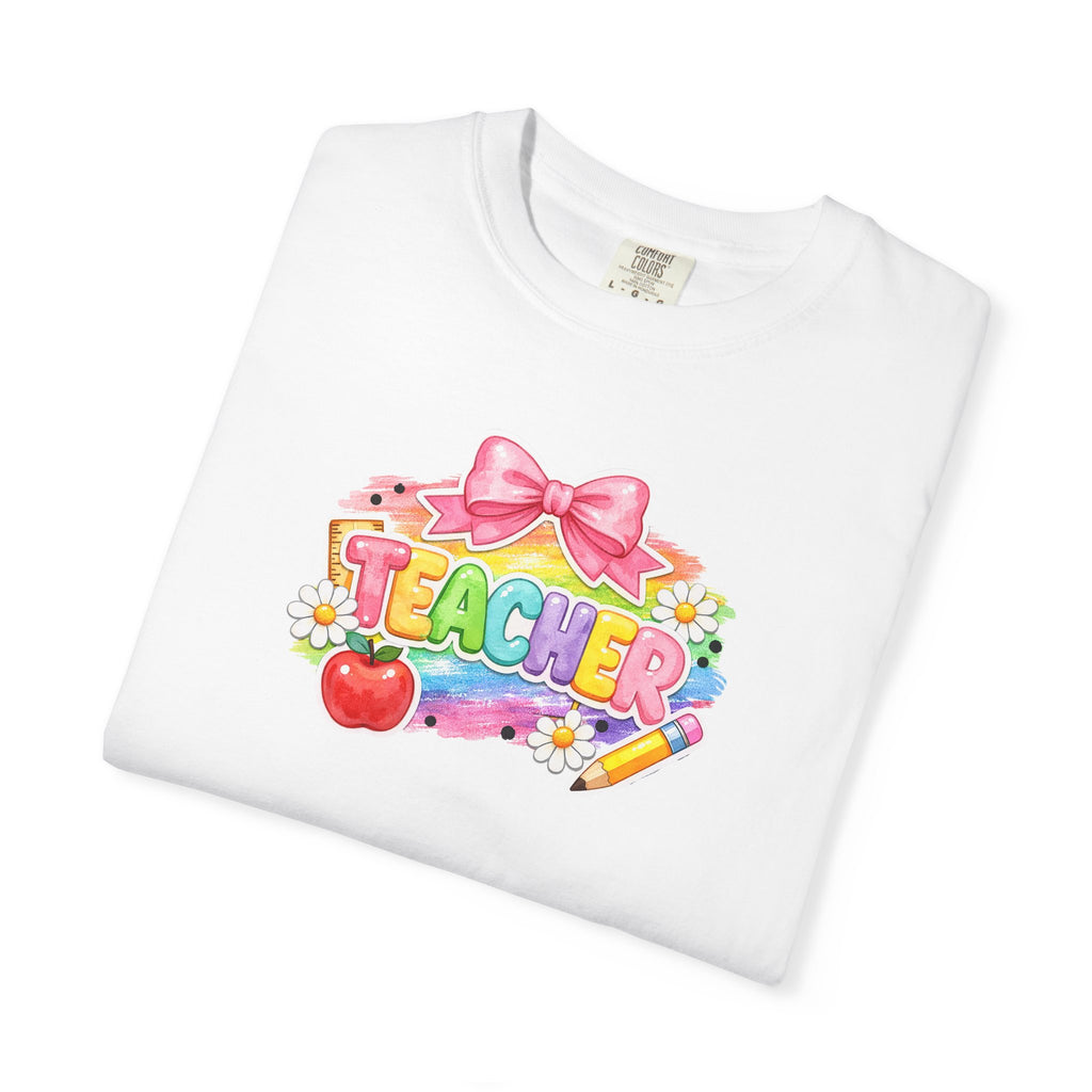 Teacher Rainbow Graphic T-Shirt — Cute School Apple & Pencil Design