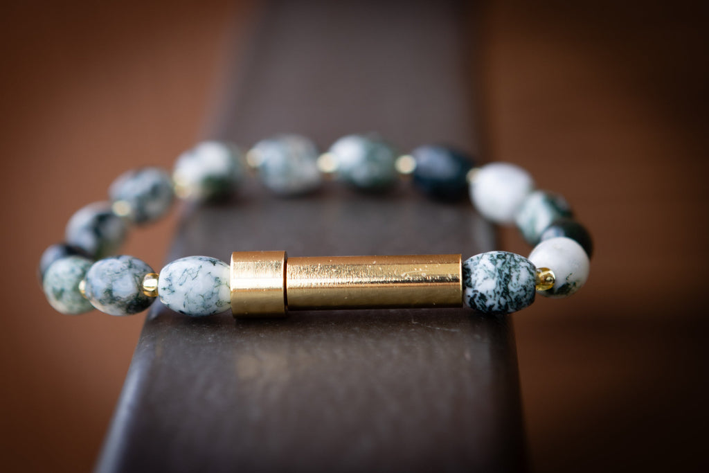 Moss Agate Beaded Cremation Bracelet with Keepsake Urn