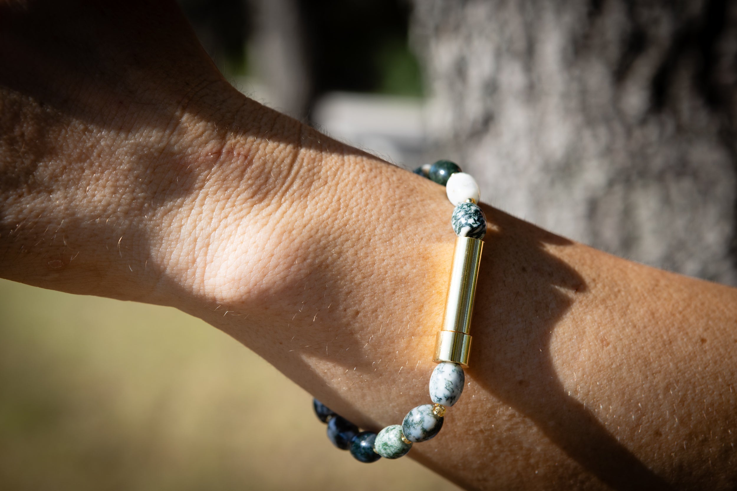 Moss Agate Beaded Cremation Bracelet with Keepsake Urn