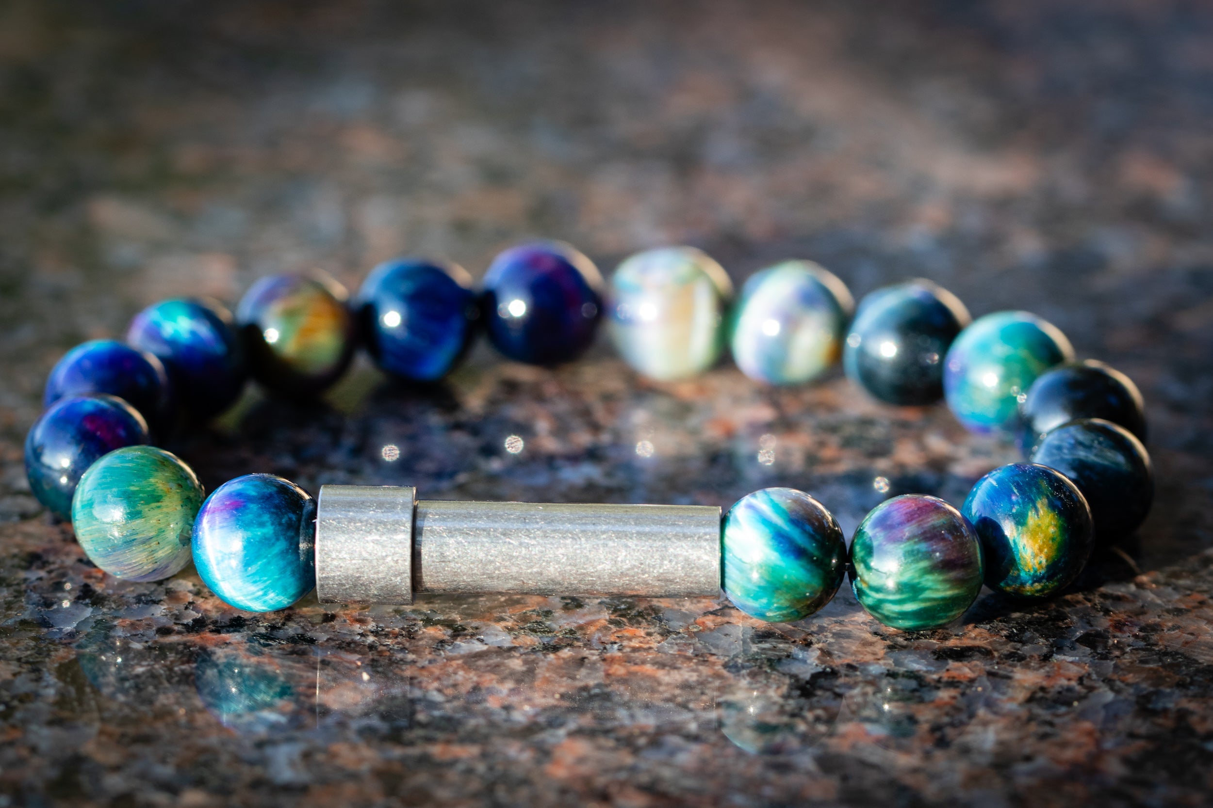 Rainbow Tiger Eye Cremation Bracelet with Urn Charm