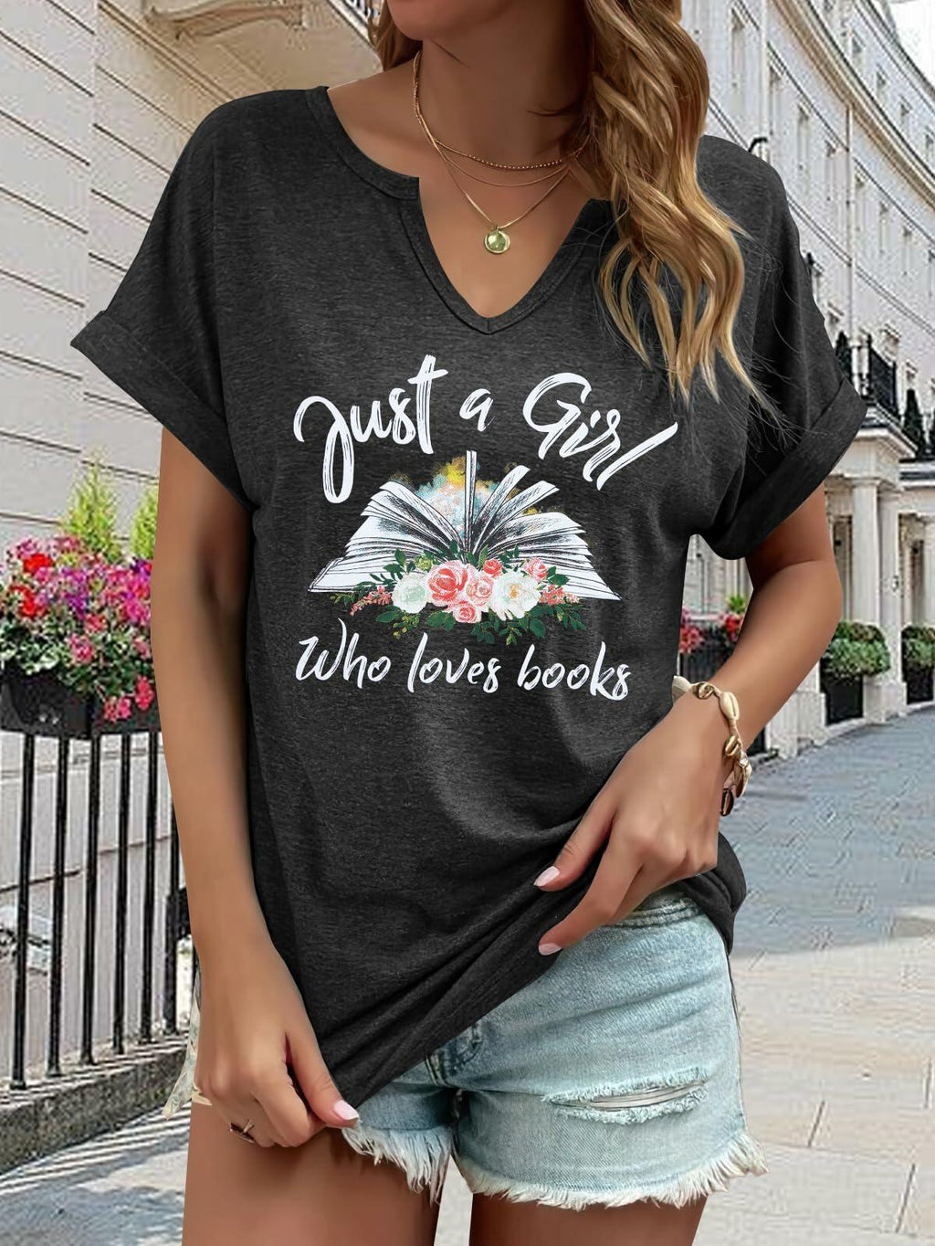 Damen T-Shirt mit V-Ausschnitt „Women Book Lovers“, Kurzarm, Dunkelgrau, Größe XL