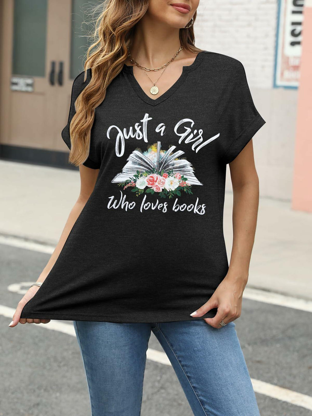 Damen T-Shirt mit V-Ausschnitt „Women Book Lovers“, Kurzarm, Dunkelgrau, Größe XL