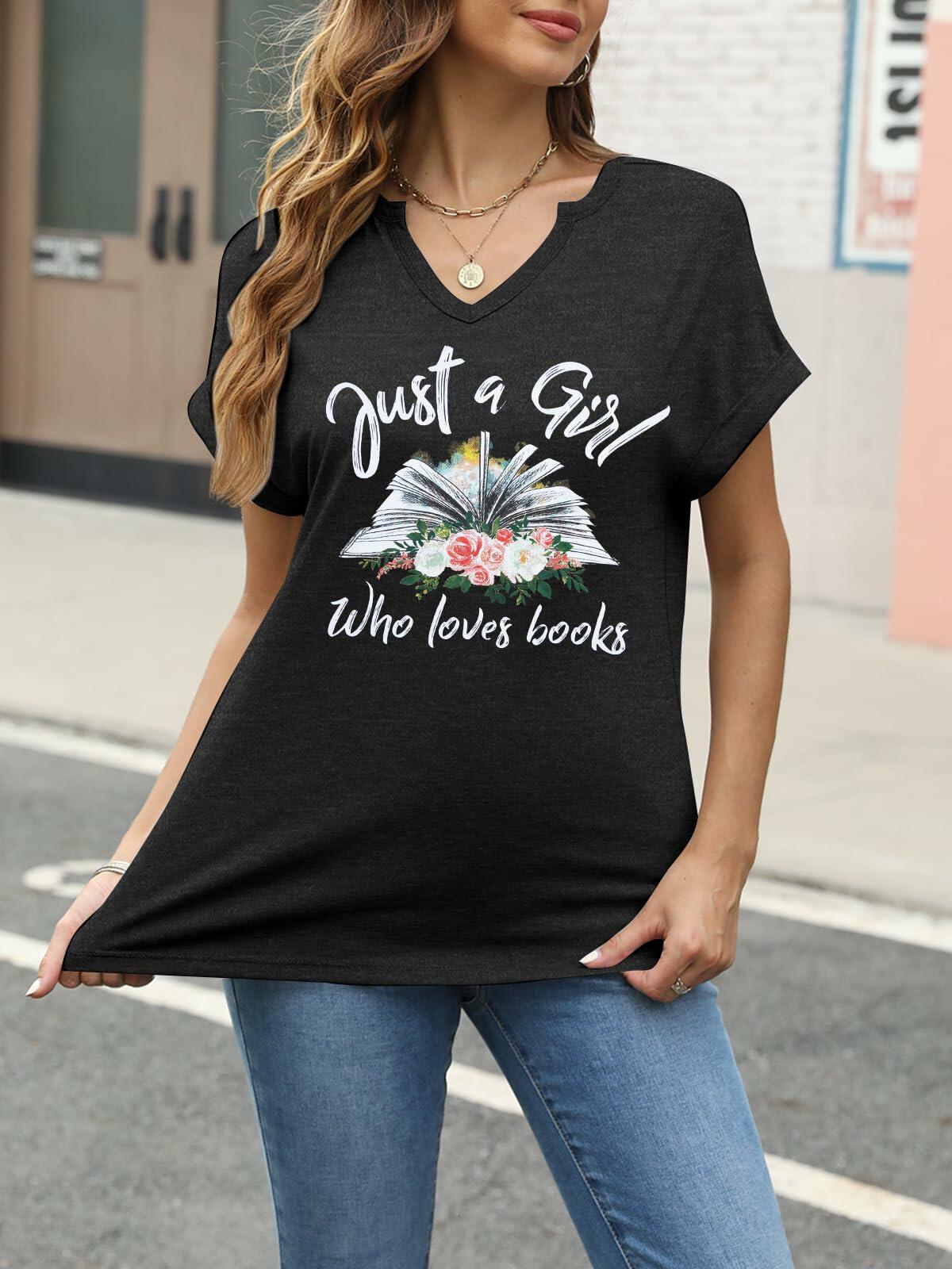 Damen T-Shirt mit V-Ausschnitt „Women Book Lovers“, Kurzarm, Dunkelgrau, Größe XL
