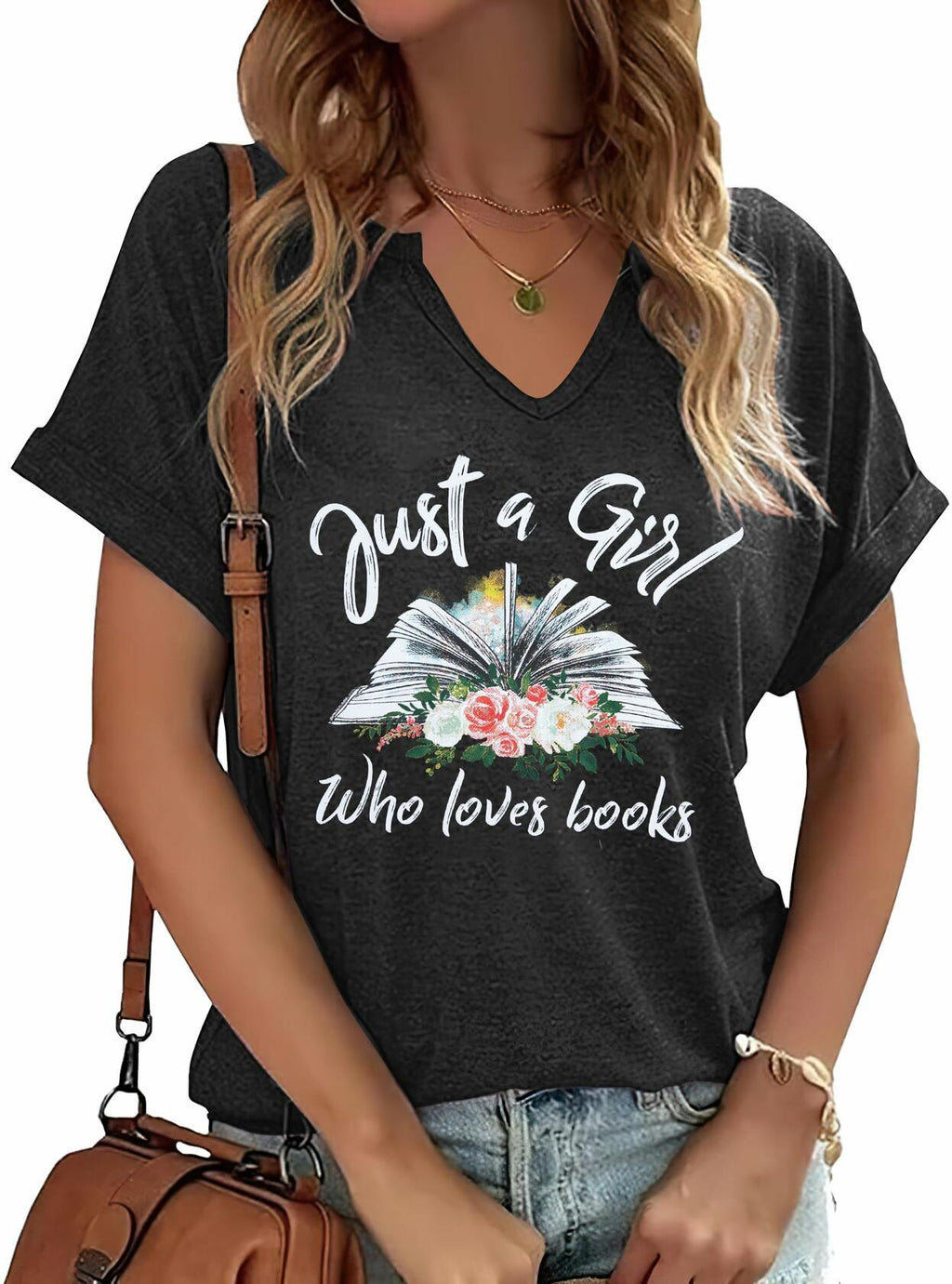 Damen T-Shirt mit V-Ausschnitt „Women Book Lovers“, Kurzarm, Dunkelgrau, Größe XL
