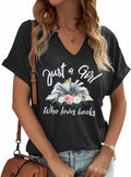 Damen T-Shirt mit V-Ausschnitt „Women Book Lovers“, Kurzarm, Dunkelgrau, Größe XL