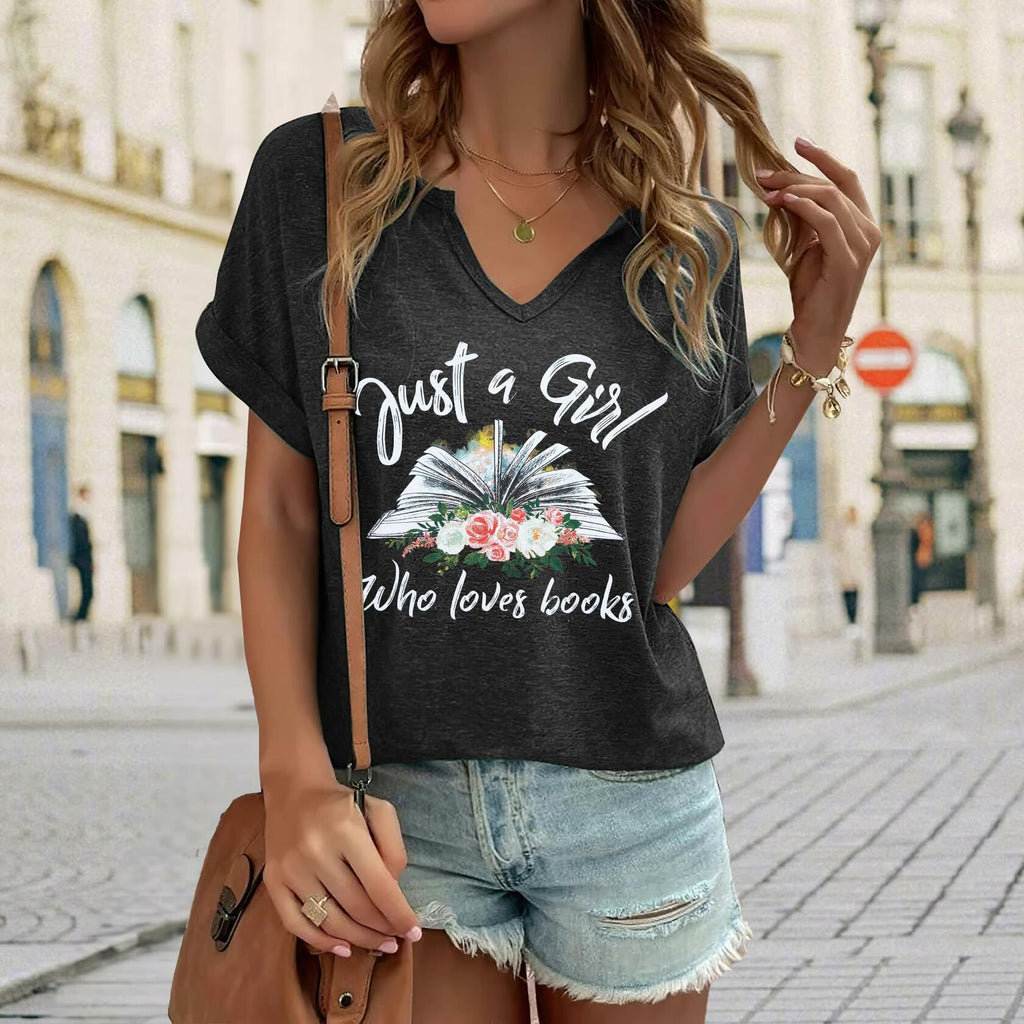 Damen T-Shirt mit V-Ausschnitt „Women Book Lovers“, Kurzarm, Dunkelgrau, Größe XL
