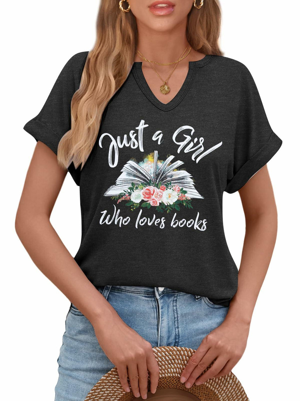 Damen T-Shirt mit V-Ausschnitt „Women Book Lovers“, Kurzarm, Dunkelgrau, Größe XL